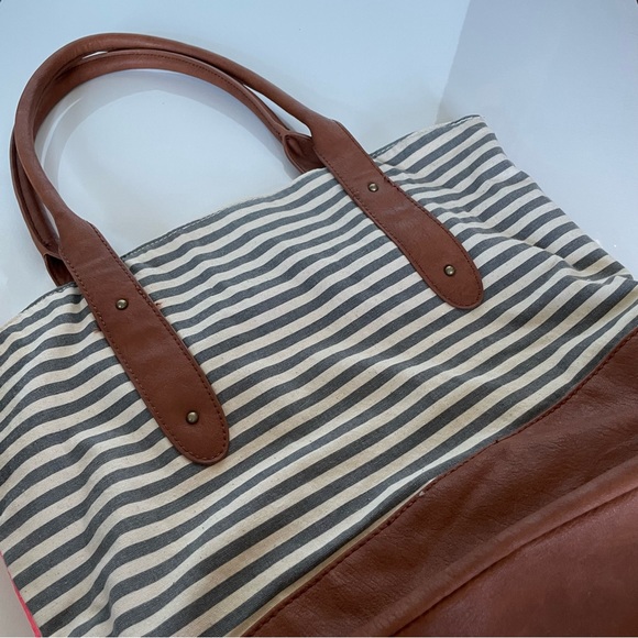 O’Neill 2-Way Canvas & Leather Tote Bag - Pink Stripe or Grey/Blue Stripe - Picture 4 of 11
